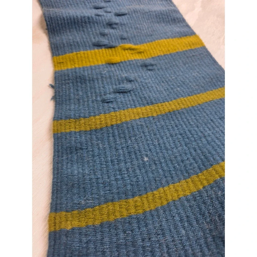 Vintage Handwoven Wool Wall Hanging Blue Yellow Boho Western Decor with Bells